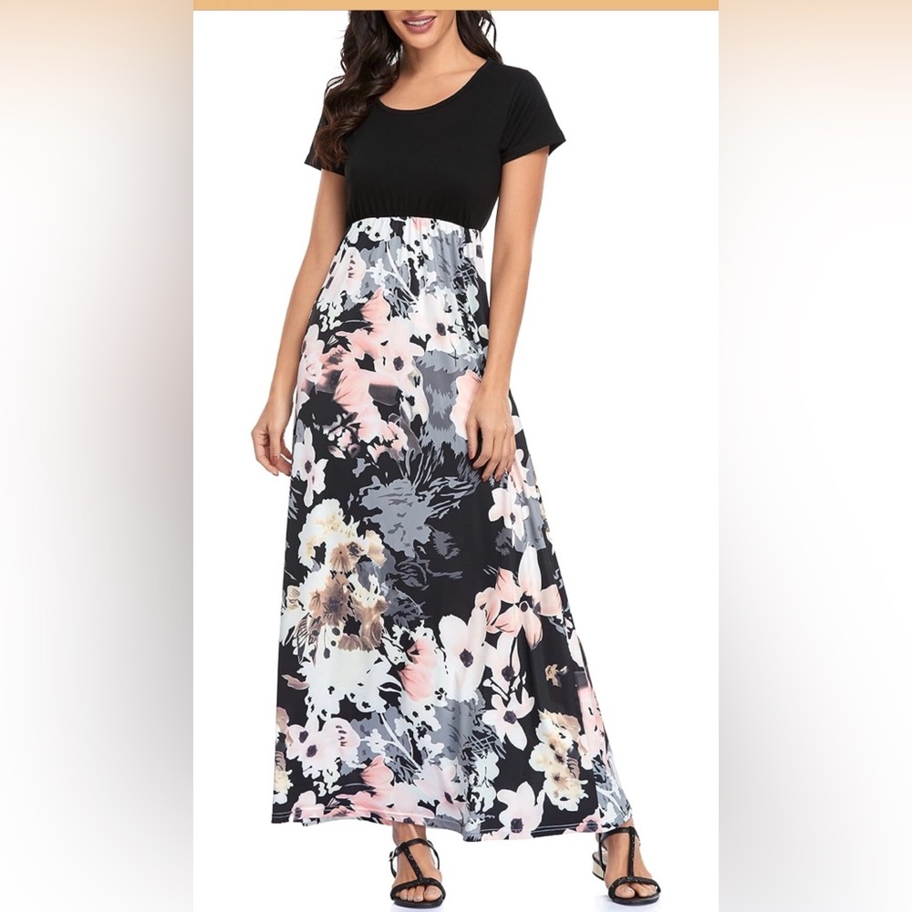 Black & Pink Floral Maxi Dress with Short Sleeves